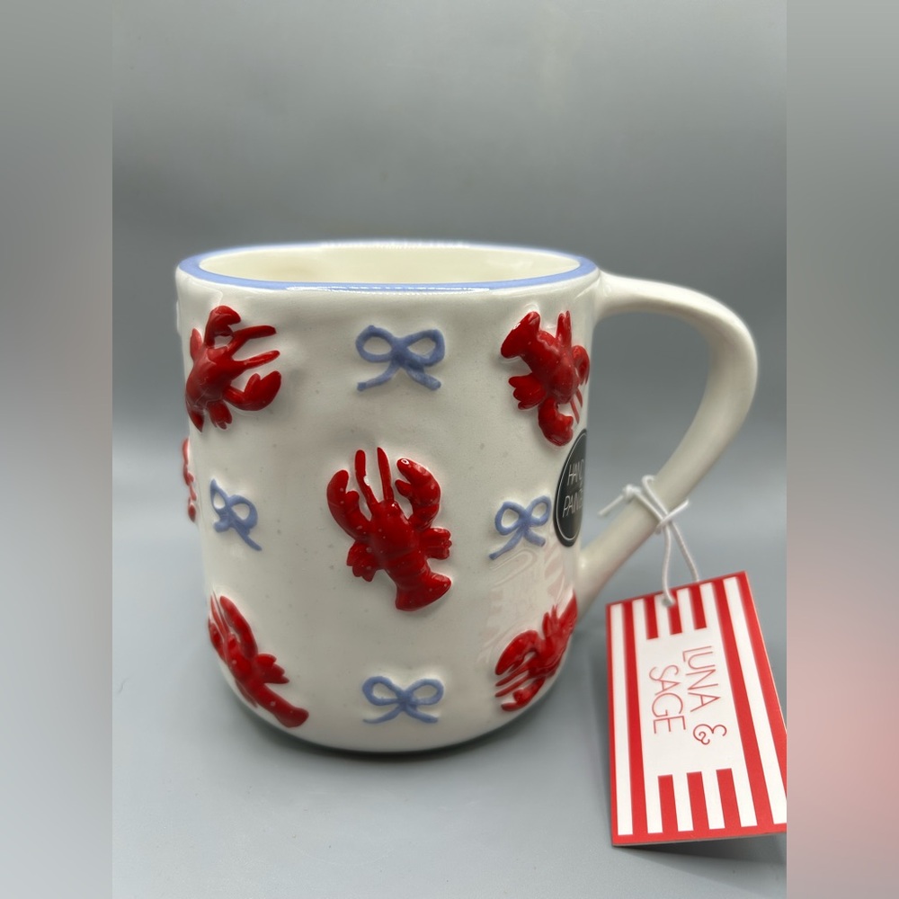 Luna & Sage Red Lobster and Blue Bow Coquette Coffee Mug Summer Shabby Chic NEW